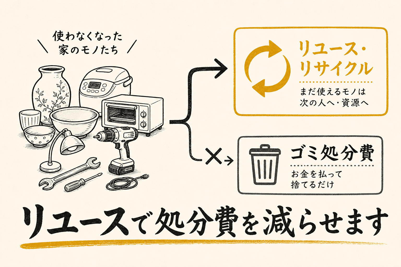 リユース・リサイクルで処分費を減らす図解
